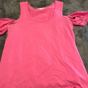 Hot pink cold shoulder top.